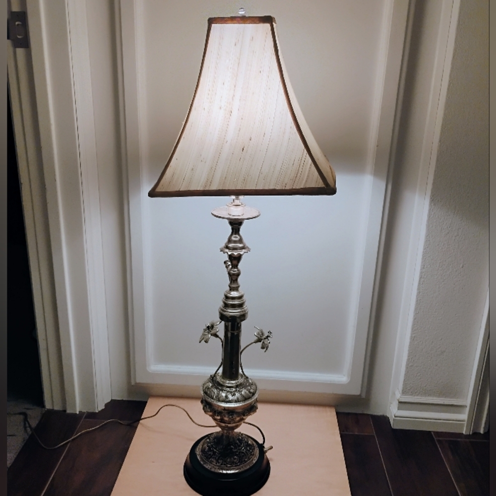 Vintage 60s Silver Plated Chalice Cup and Flowers Lamp With Shade